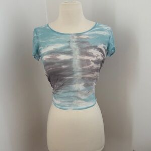 Sheer Blue Tie Dye Mesh Top XS Front Tie Y2K Short Sleeve